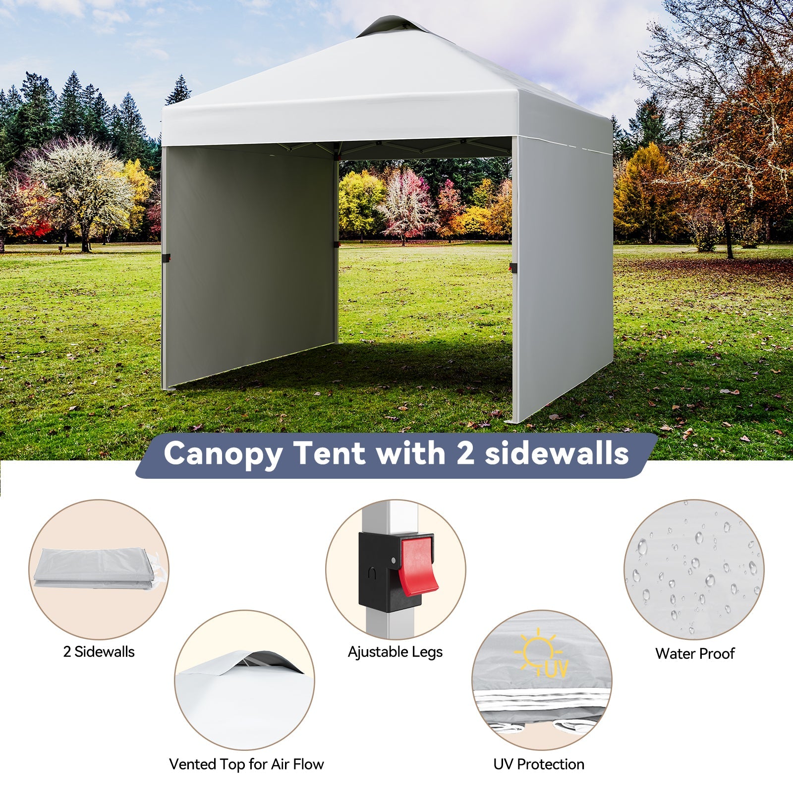 white pop up canopy with vented roof and 2 removable sidewalls