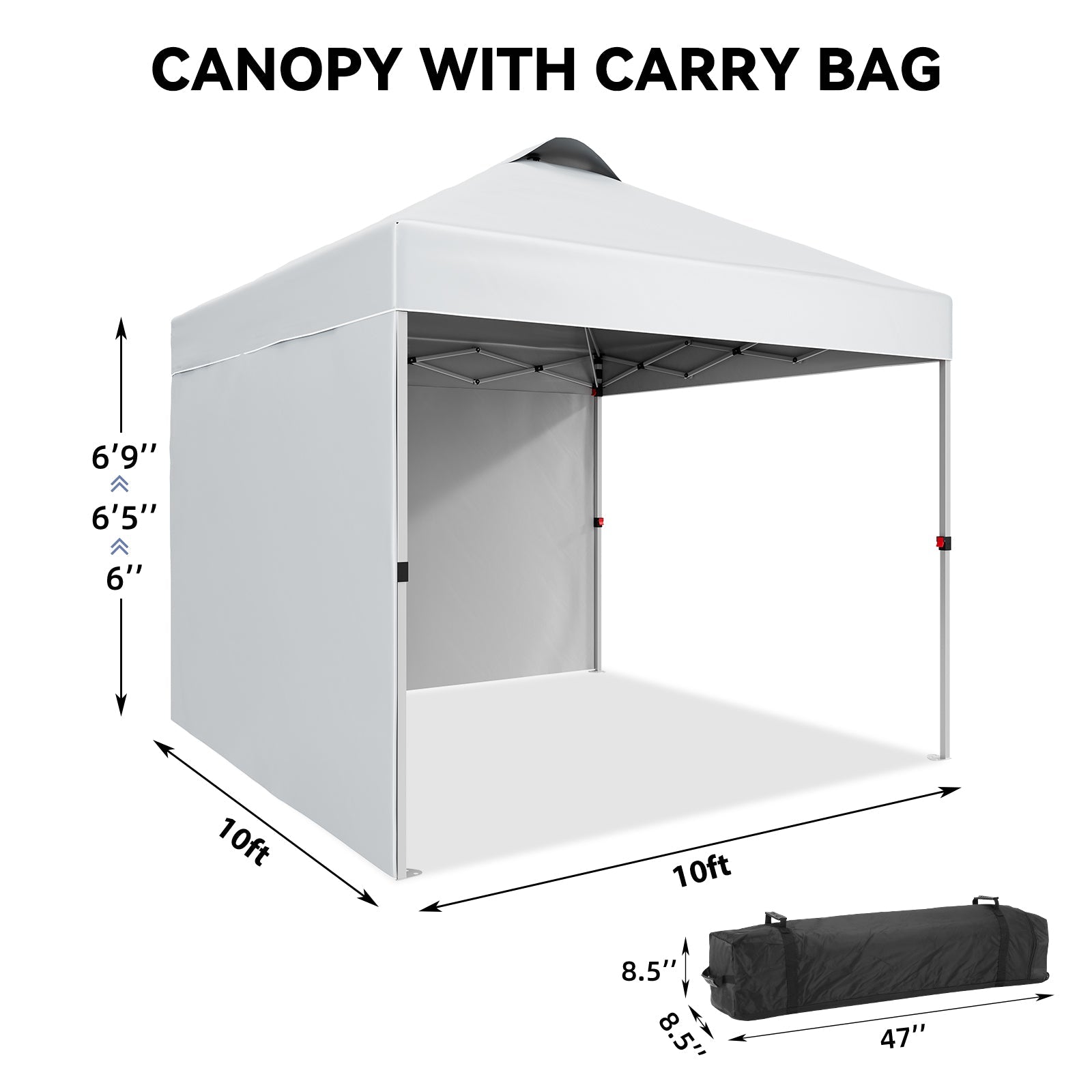 10 ft square canopy dimension guide with 3 adjustable eave heights and packed bag size