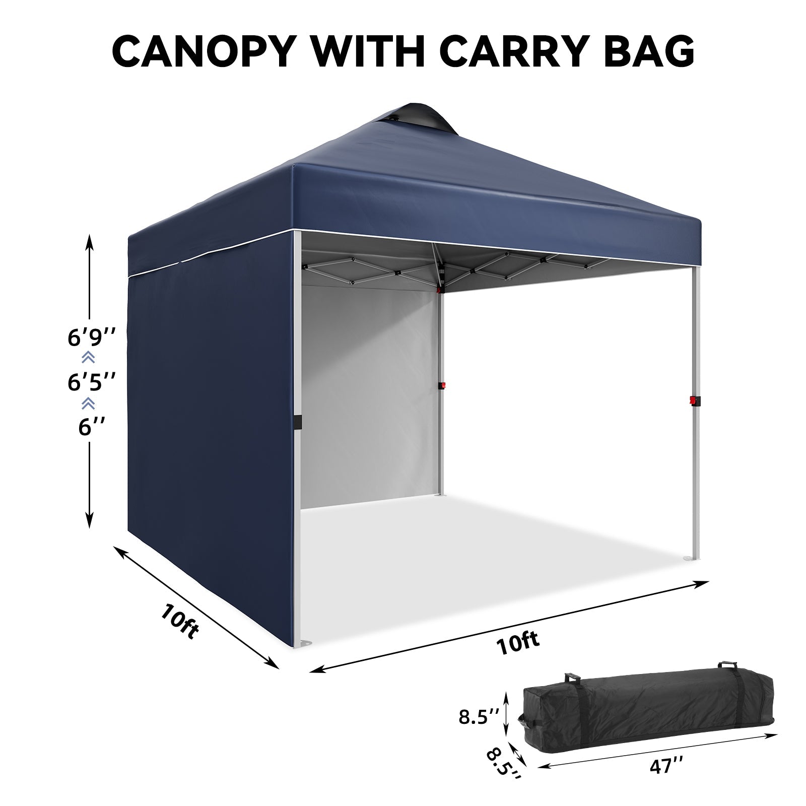 10 ft square canopy dimension guide with 3 adjustable eave heights and packed bag size