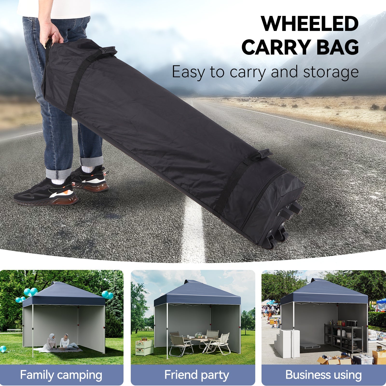 wheeled canopy carry bag with beach camping patio and market use scenes