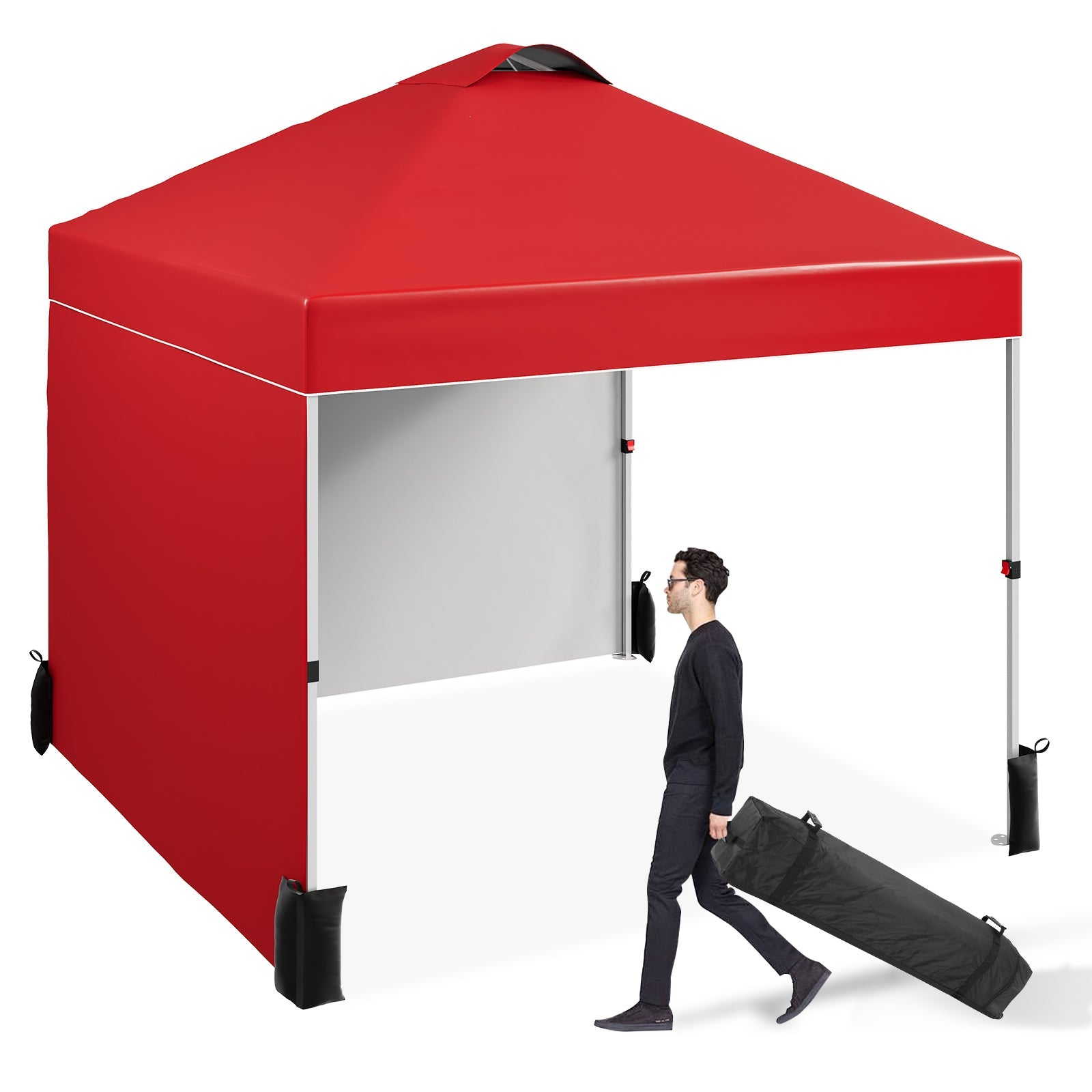 red pop up canopy with vented roof and 2 removable sidewalls