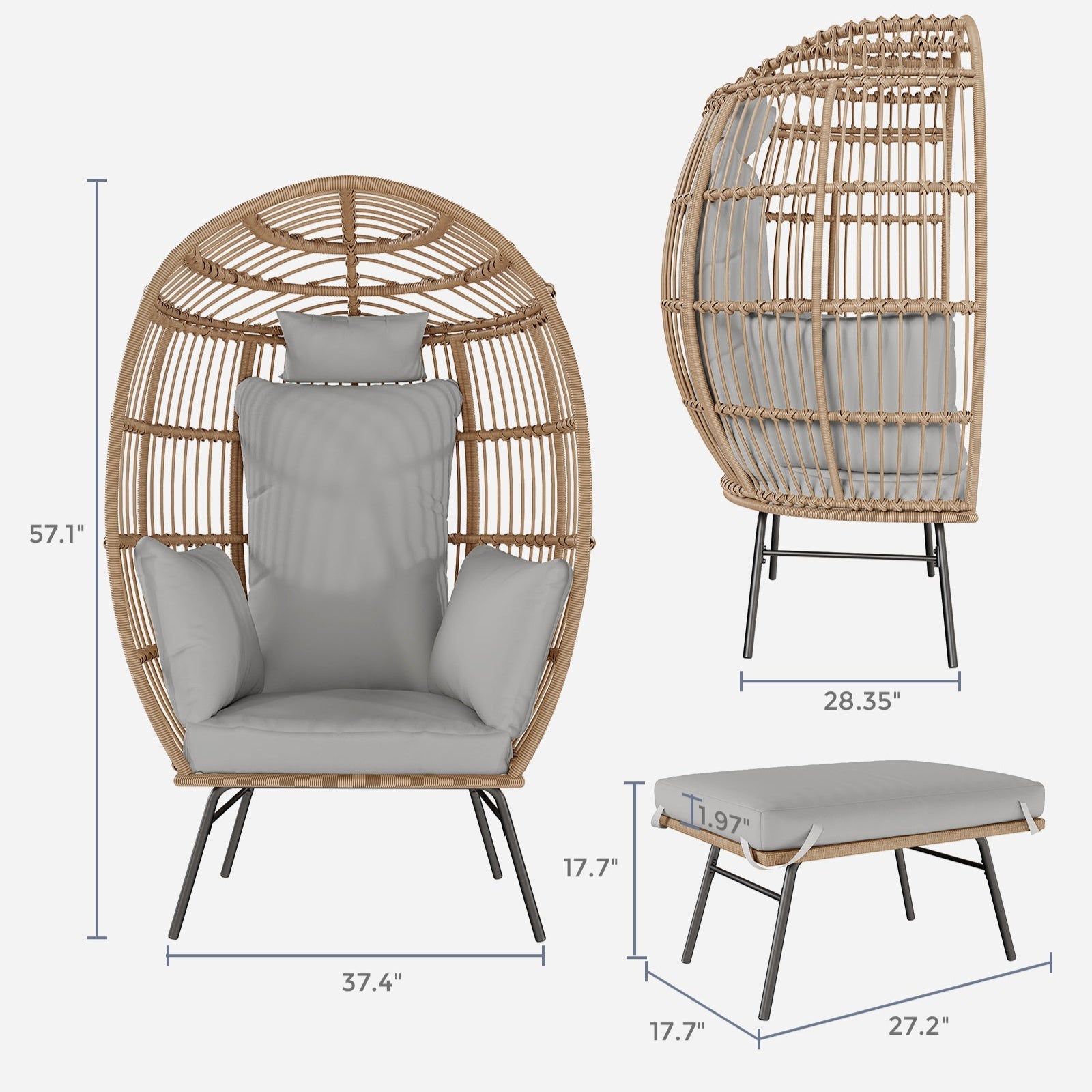 Grey wicker egg chair and ottoman dimension guide
