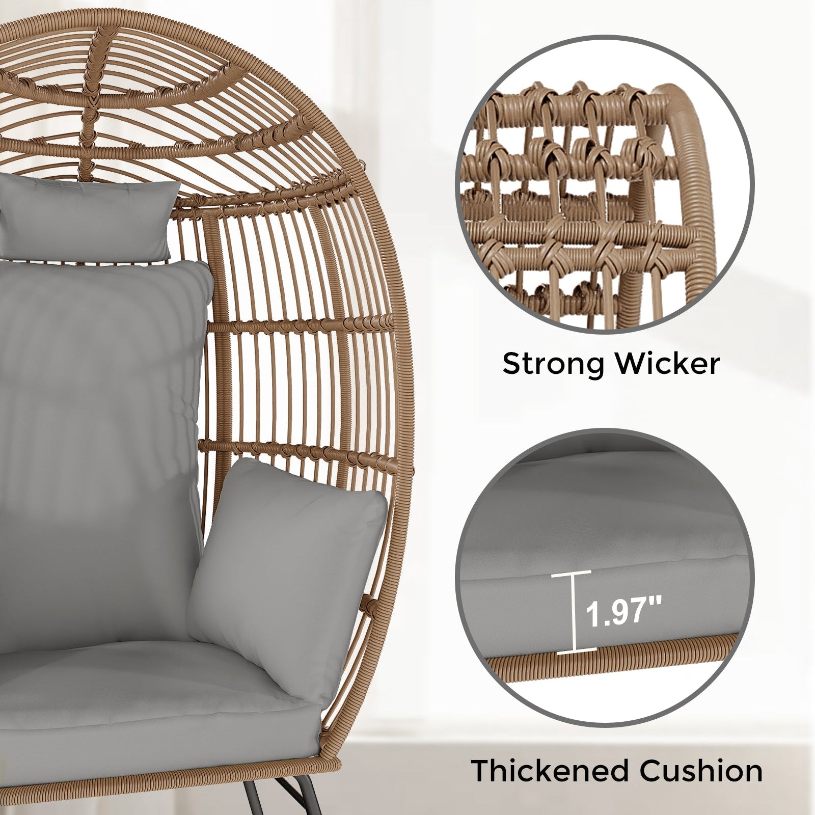 Close views of the grey chair wicker weave and thick cushion