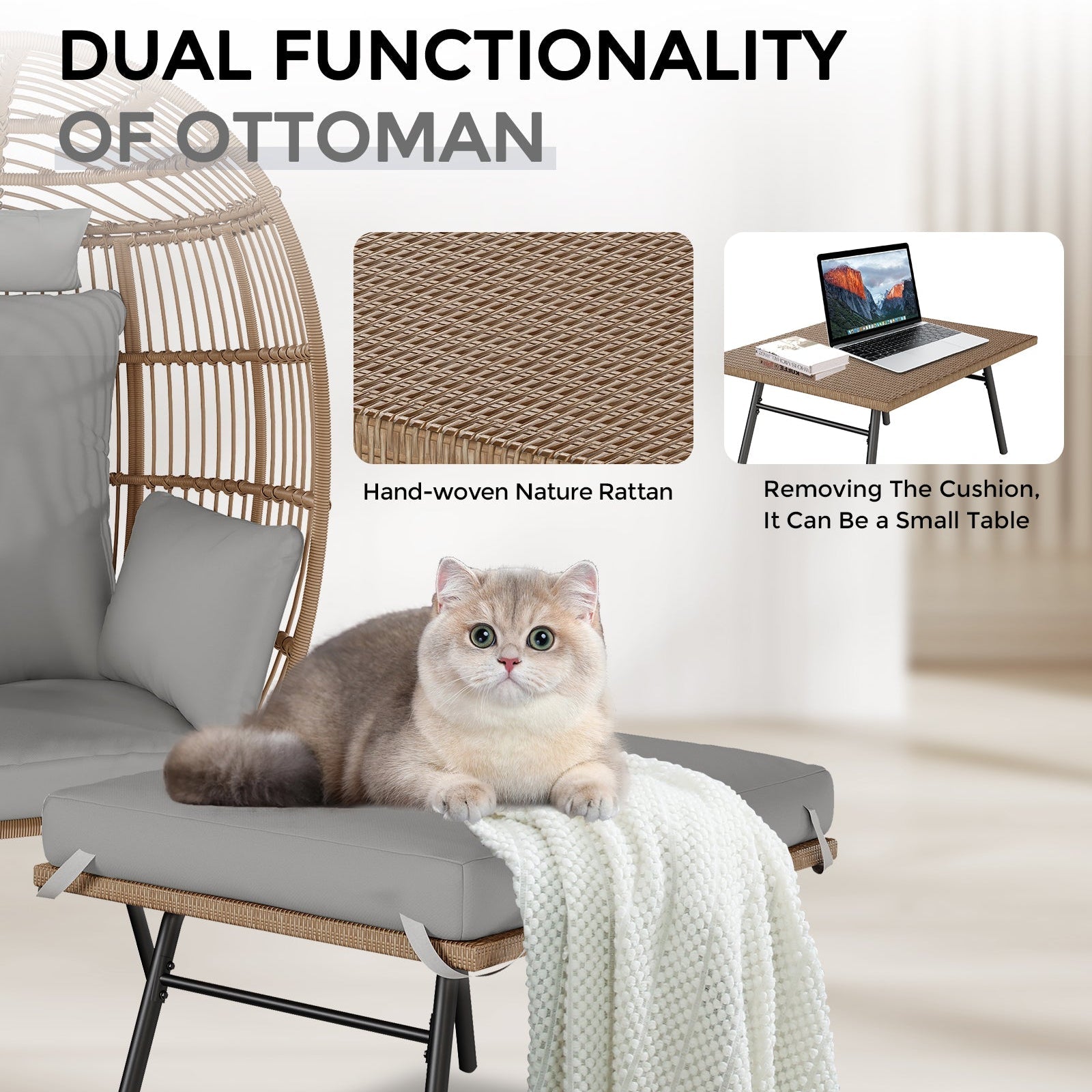 Grey wicker ottoman shown with and without its removable cushion