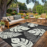 Garvee Outdoor Black & Beige 8x10 Rug Waterproof  Reversible Outdoor Plastic Straw Rug Modern Palm Leaves Patio Rug Indoor Outdoor Carpet RV Mat Outside for Patio Camp Balcony Deck Picnic - Black & Beige