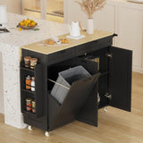 Garvee Rolling Kitchen Island with Trash Can Storage, Portable Trolley Islands with Drop Leaf & Power Outlet for Kitchen, Spice Rack, Mobile Island Table, Black - Black
