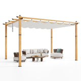 Garvee 10′ X 13′ Wood-Grain Aluminum Pergola with Retractable Canopy UV50+ Sun Protection for Backyard Patio Porch Grape Trellis,Beige - Beige