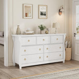 Garvee 7 Drawer Dresser - Tall Boho Dresser with Curved Legs, Rattan Accents, and Freestanding Storage for Living Room, Bedroom, Entryway, or Balcony, White - Antique White
