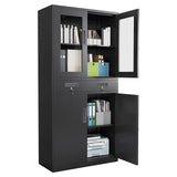 Garvee 71" Metal Storage Cabinet with Glass Doors, Locking Glass Door Cabinet with 2 Adjustable Shelves and 4 Doors for Office, Home, School, Living Room, Black