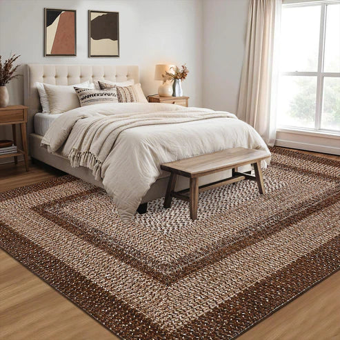Garvee Bordered Brown 5x7 Braided Washable Rug, Low Pile Non-Slip Polyester Vintage Farmhouse Carpet for Living Room Bedroom