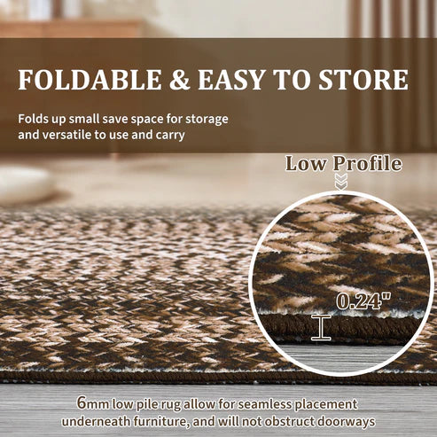 Garvee Bordered Brown 5x7 Braided Washable Rug, Low Pile Non-Slip Polyester Vintage Farmhouse Carpet for Living Room Bedroom