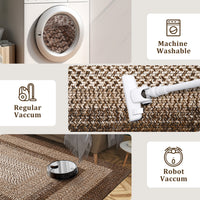 Garvee Bordered Brown 8x10 Boho Printed Washable Rug, Modern Braided Low Pile Polyester Area Rug Non-Slip Non-Shedding for Living Room Bedroom Office