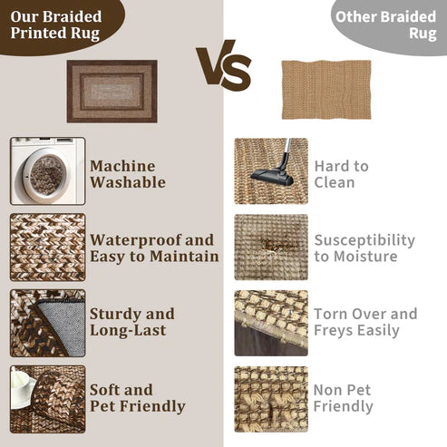 Garvee Bordered Brown 5x7 Braided Washable Rug, Low Pile Non-Slip Polyester Vintage Farmhouse Carpet for Living Room Bedroom