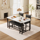 Garvee Wooden Dining Table Set for 4 with Upholstered Chairs and Bench, Rectangular, Small Space, White Marble