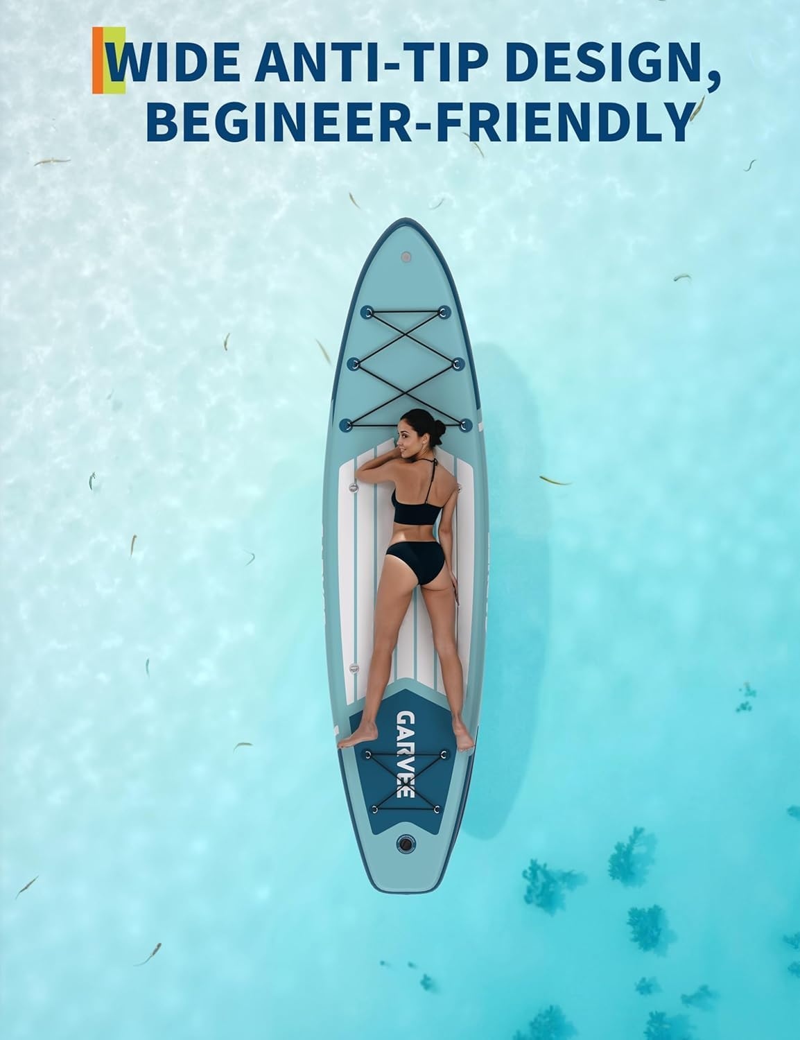 Wide anti-tip beginner-friendly inflatable paddle board design
