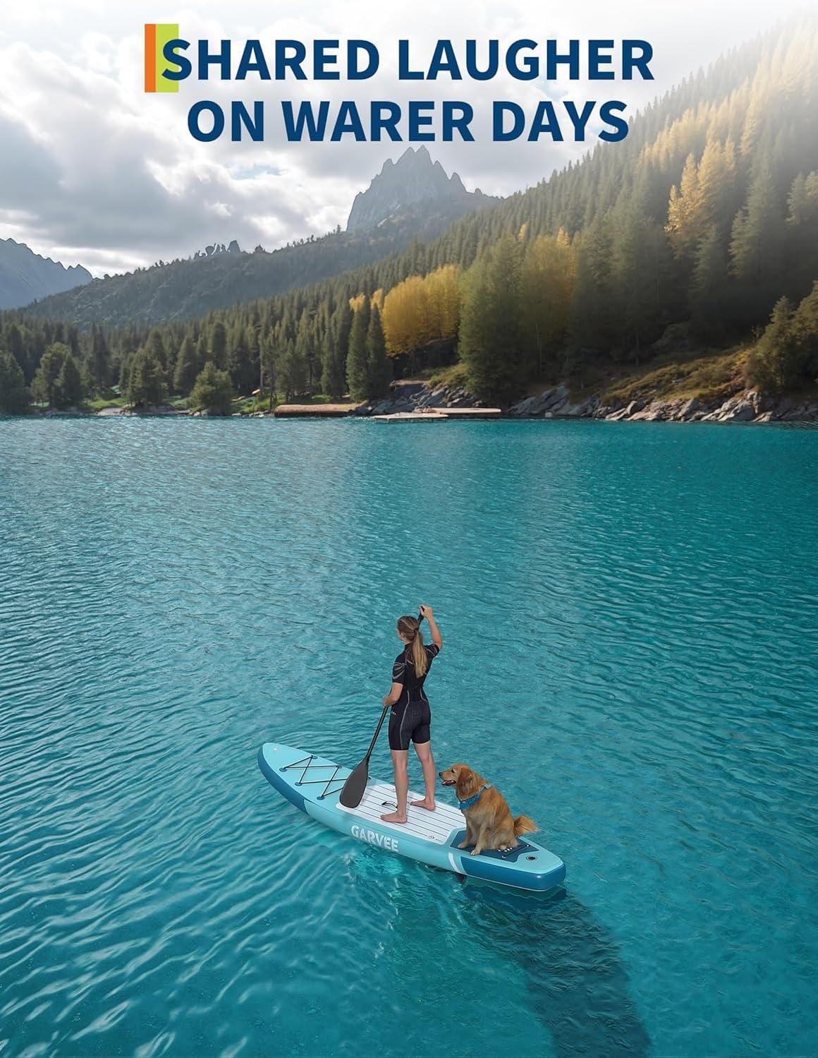 Roomy inflatable paddle board for adults with space for rider and pet