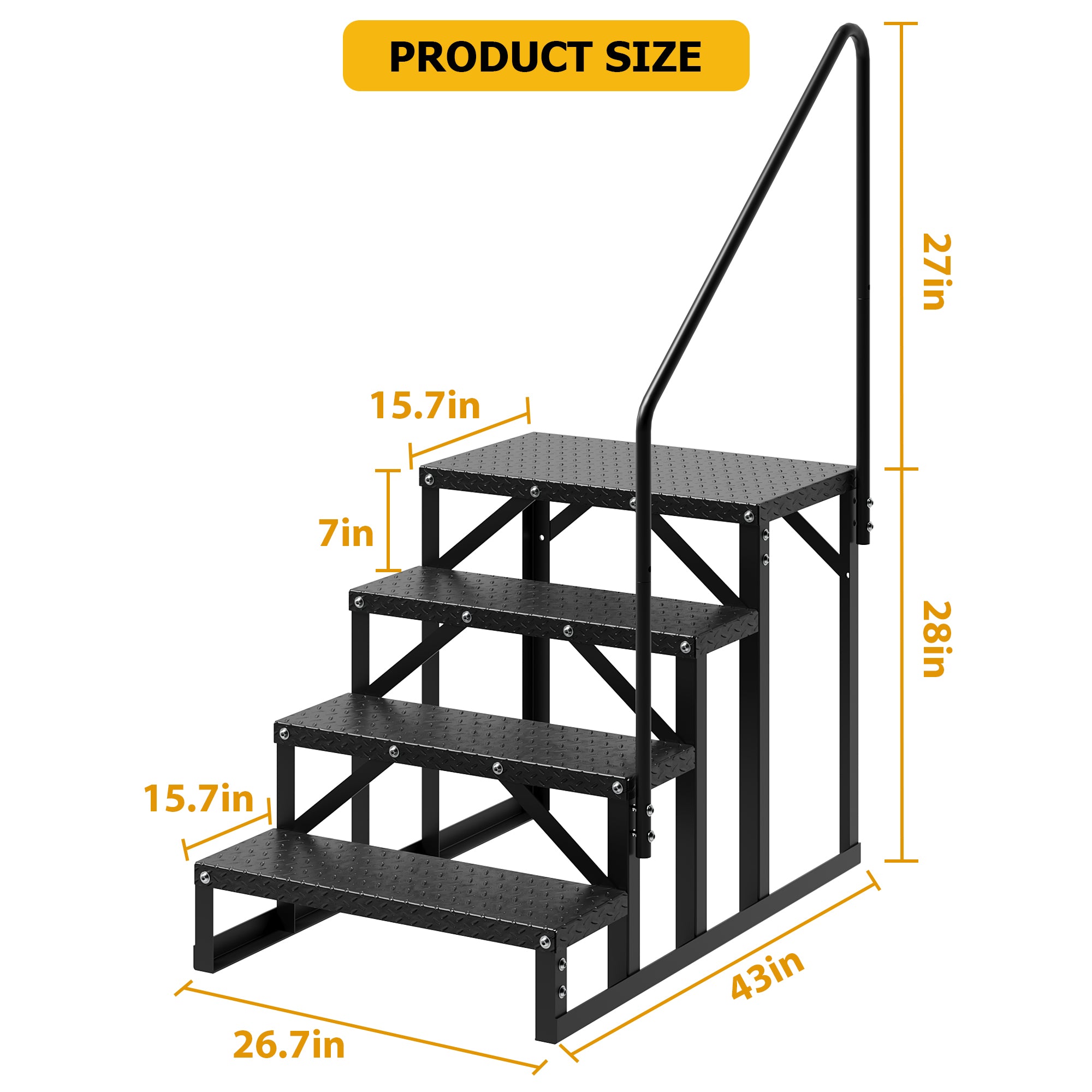Garvee 4 Step RV stairs size diagram with handrail and platform measurements