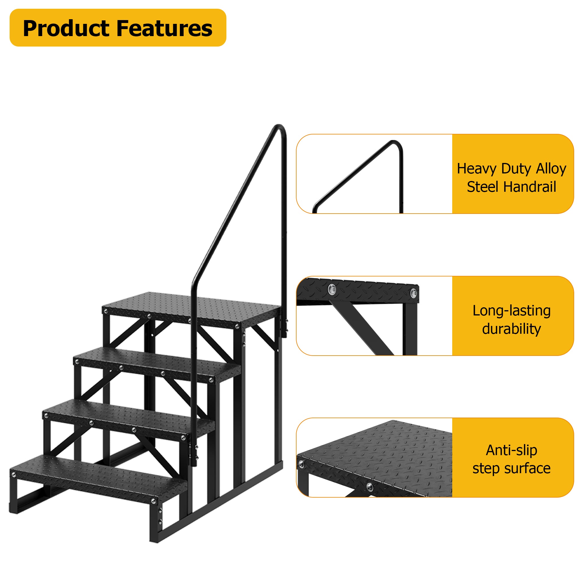 Garvee 4 Step RV stairs product features with alloy steel handrail and anti-slip step surface