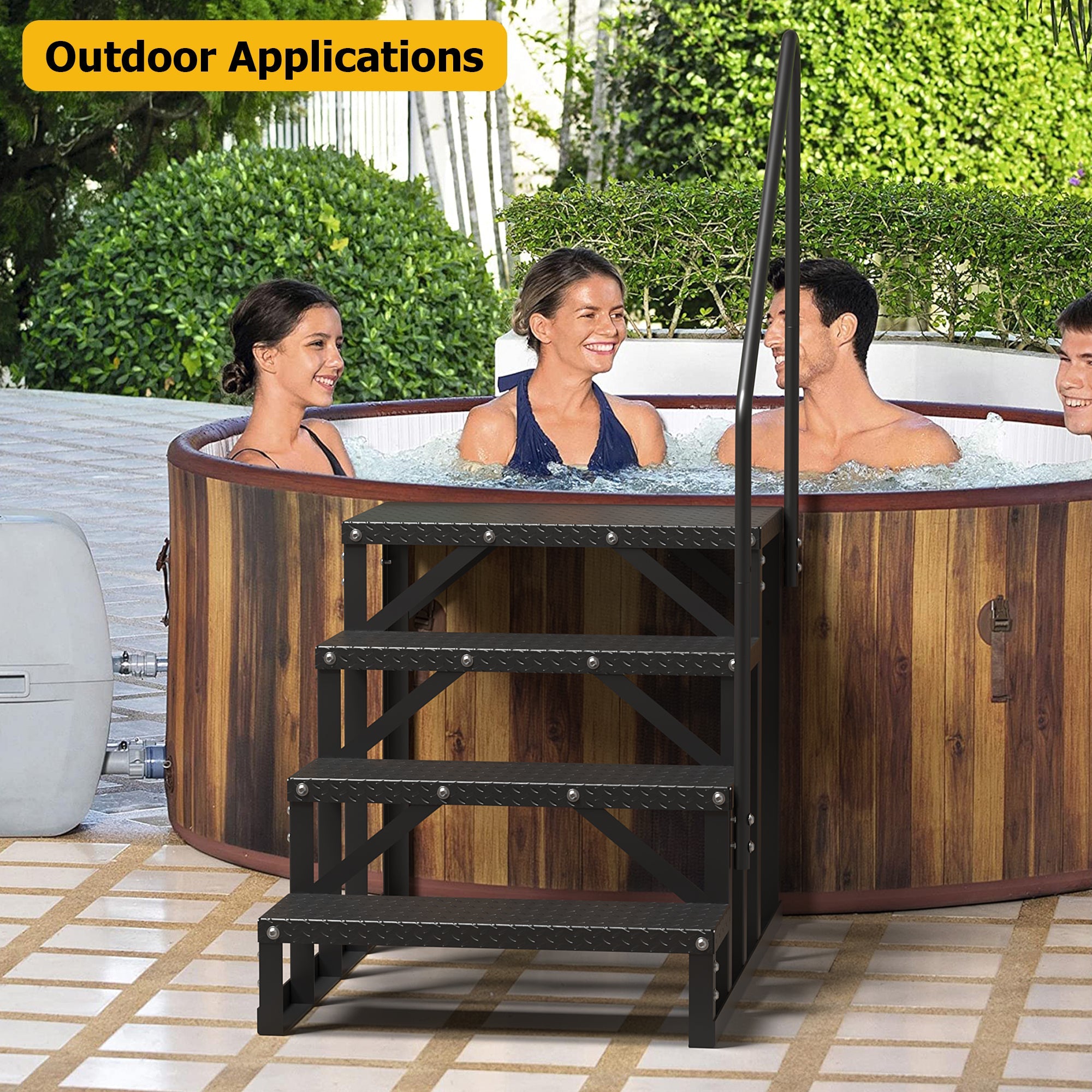 Garvee 4 Step RV stairs used beside an outdoor hot tub