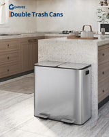 Garvee 2 x 10.6 Gallon Stainless Steel Double Trash Can with Lid for Kitchen, Large Dual Trash and Recycle Bin Combo, Silver, Compact Size - Silver