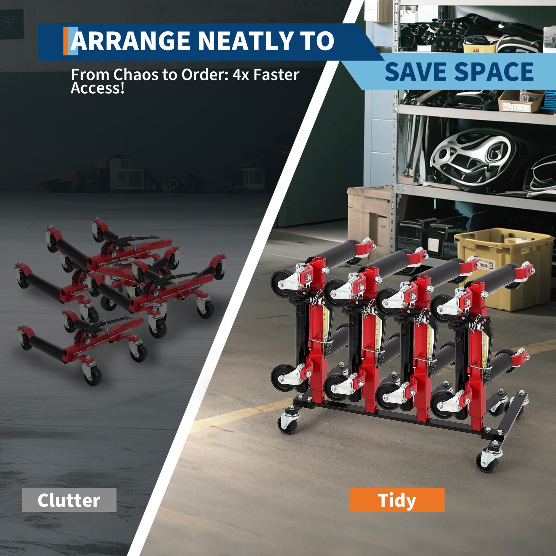 Garvee car dolly storage rack arranged neatly to save space
