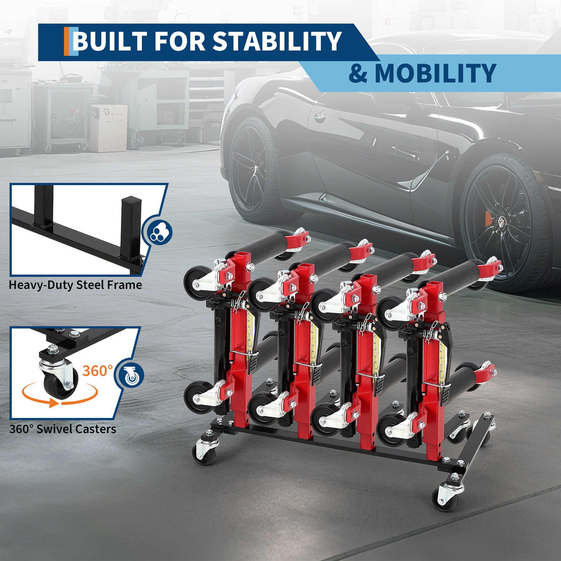 Car dolly rack with heavy-duty steel frame and 360 degree swivel casters