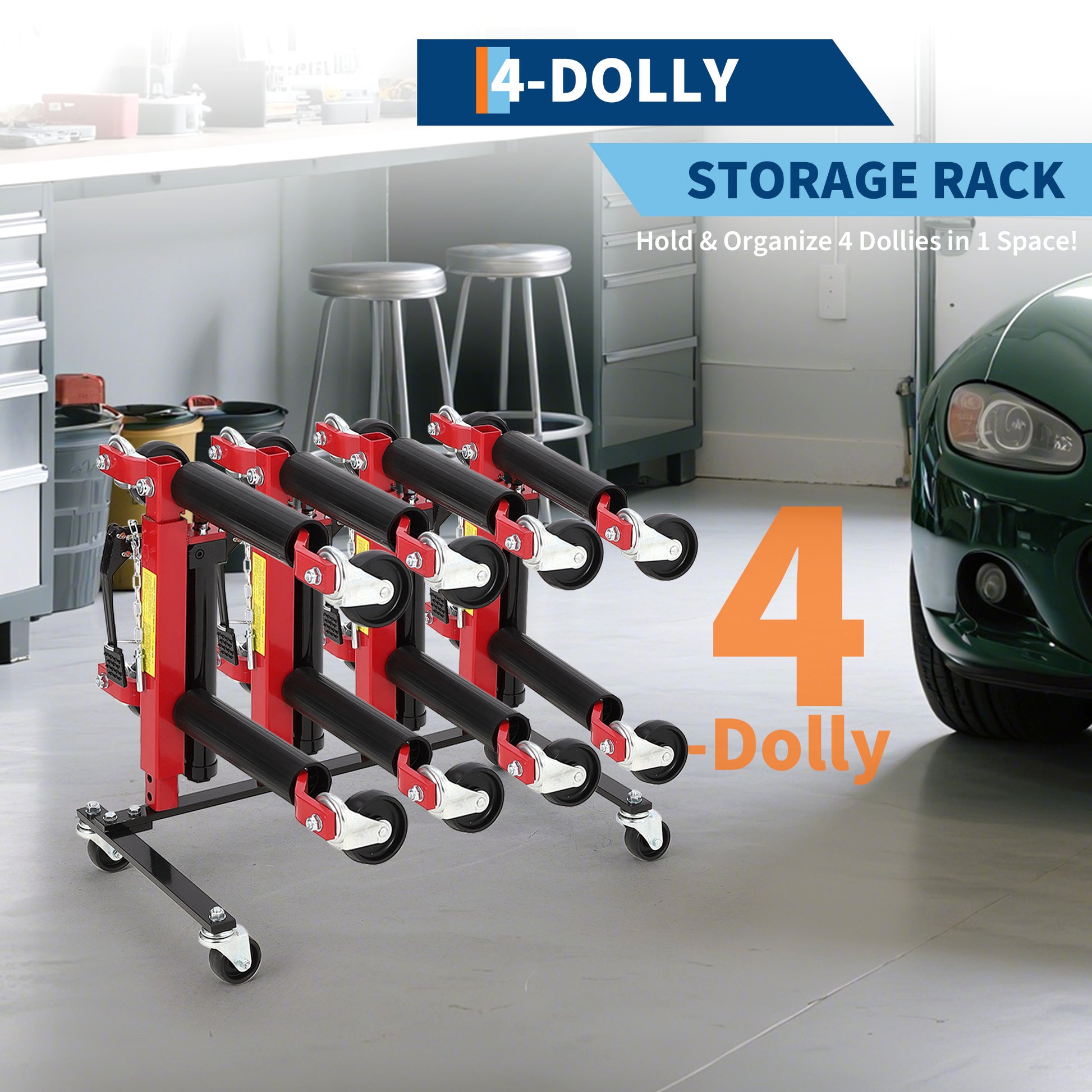 Garvee 4-dolly storage rack organizing wheel dollies in a garage