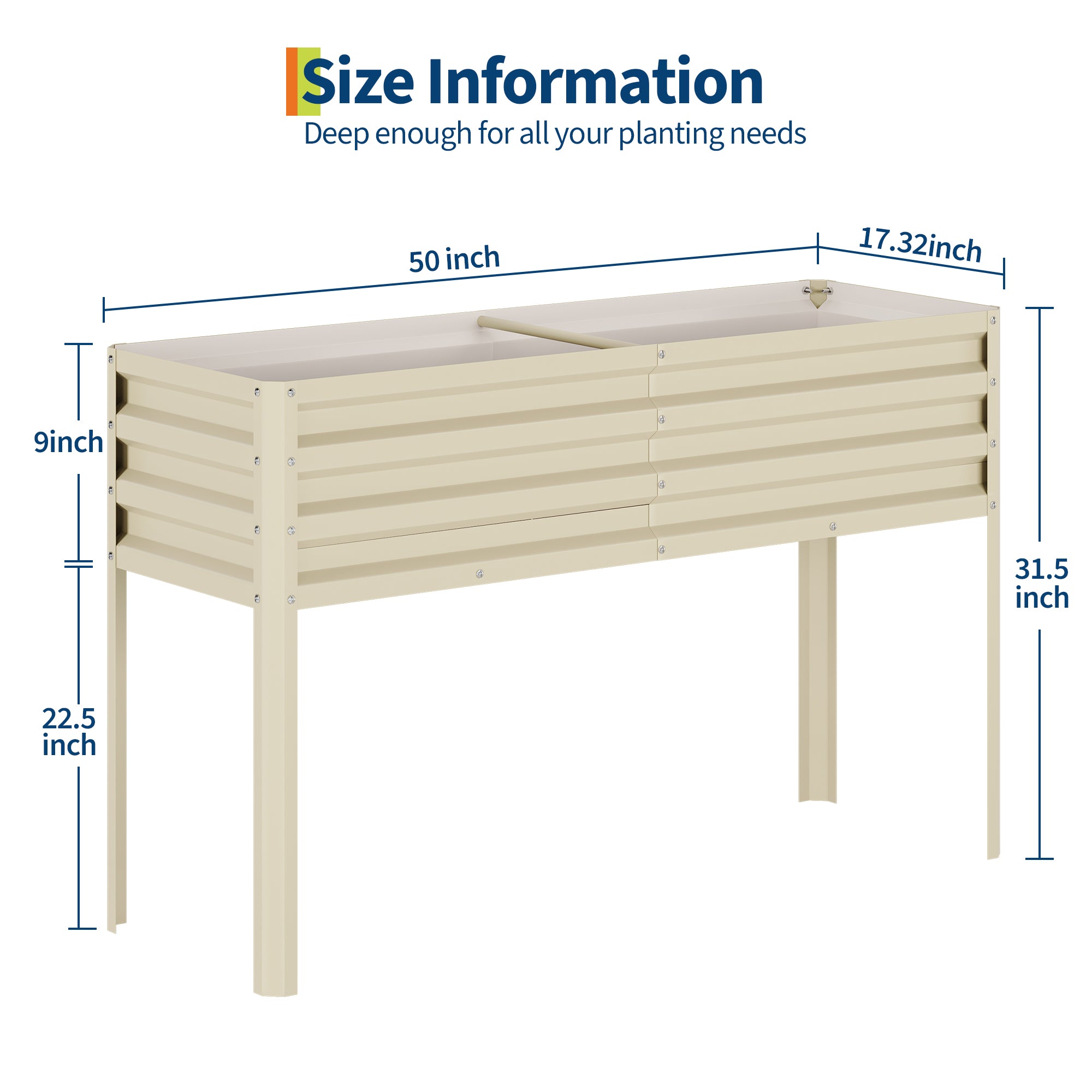 Beige Garvee raised garden bed size diagram with 50 inch length 17.32 inch width and 31.5 inch height