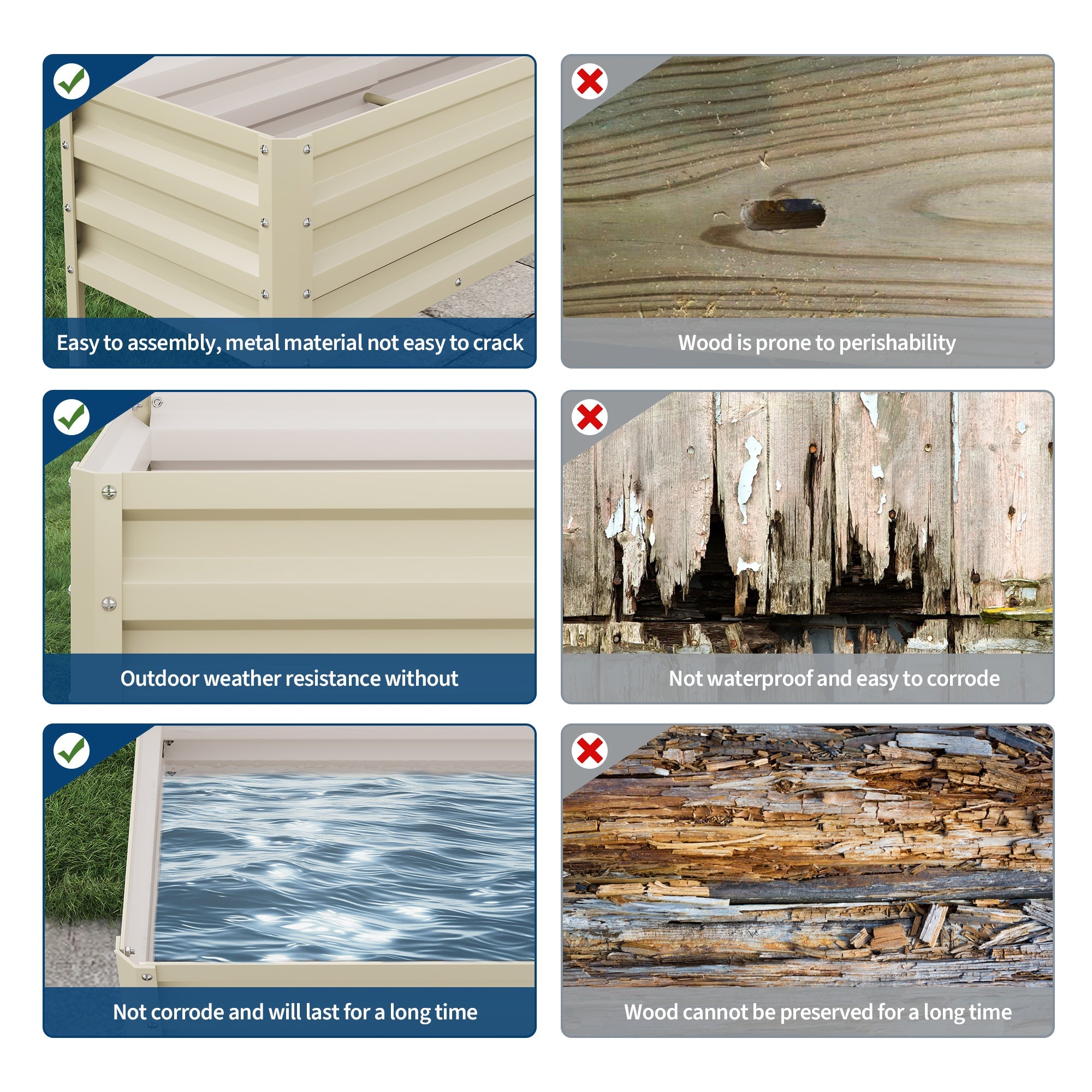 Beige Garvee raised garden bed steel panel comparison with wood durability examples