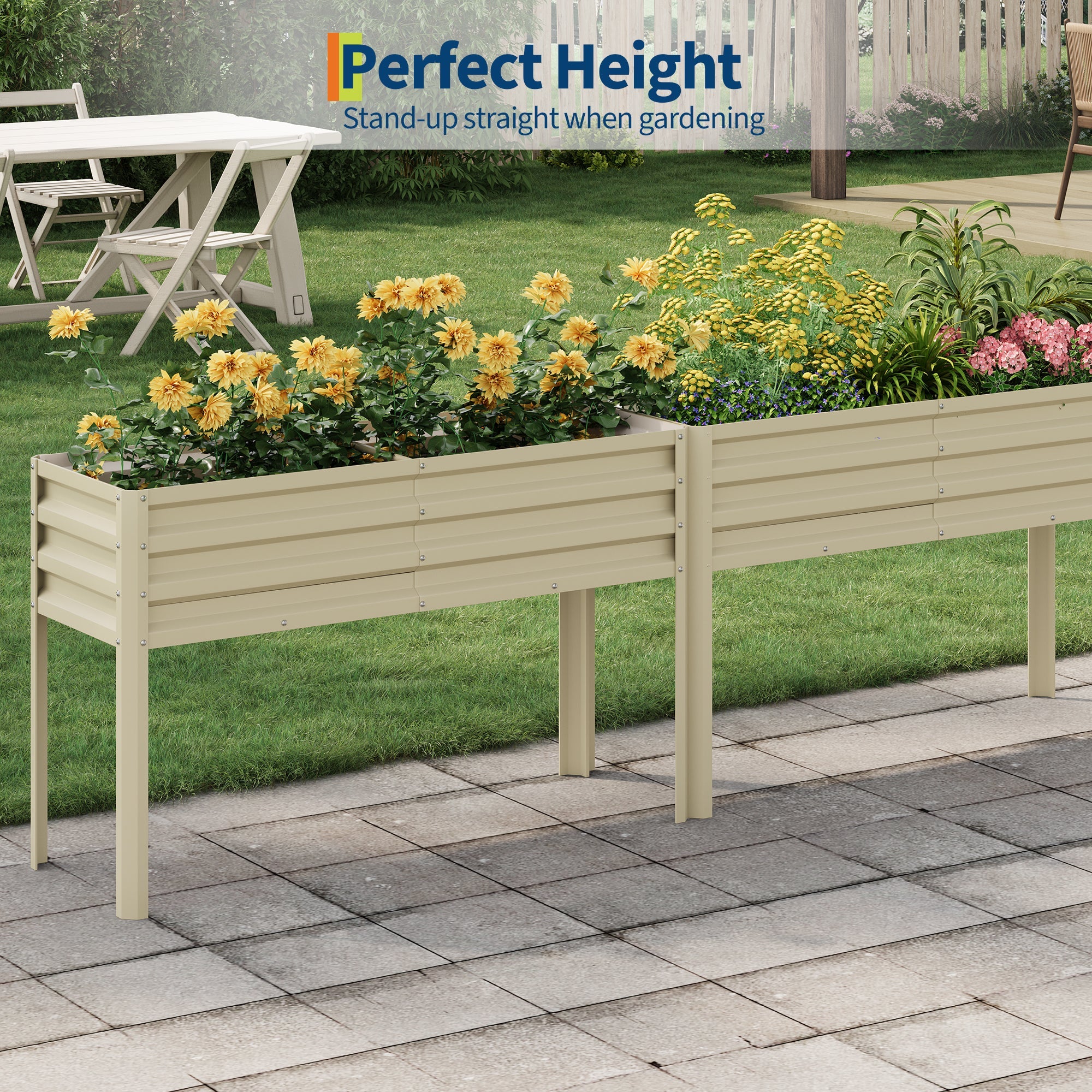 Beige Garvee raised garden bed at comfortable standing height in an outdoor garden setting