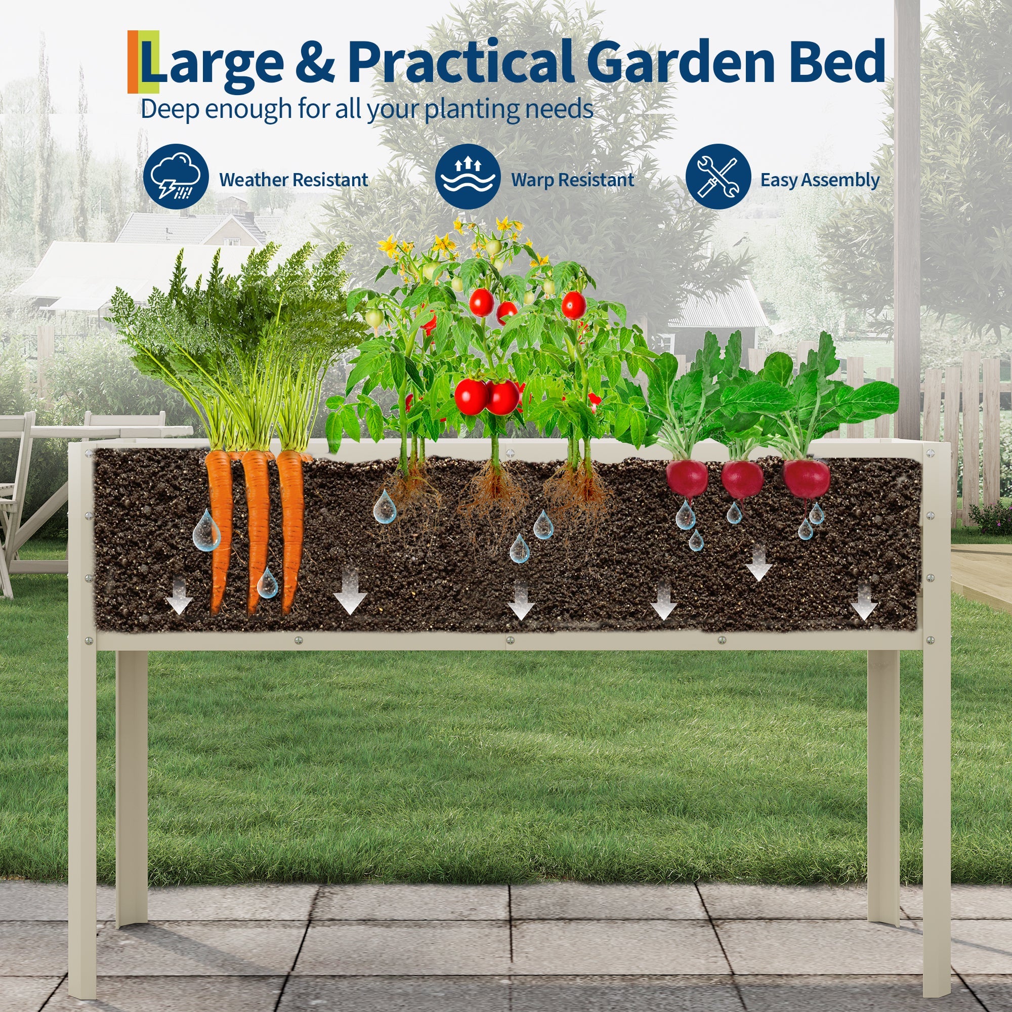 Beige Garvee raised garden bed showing deep soil area for carrots tomatoes and radishes