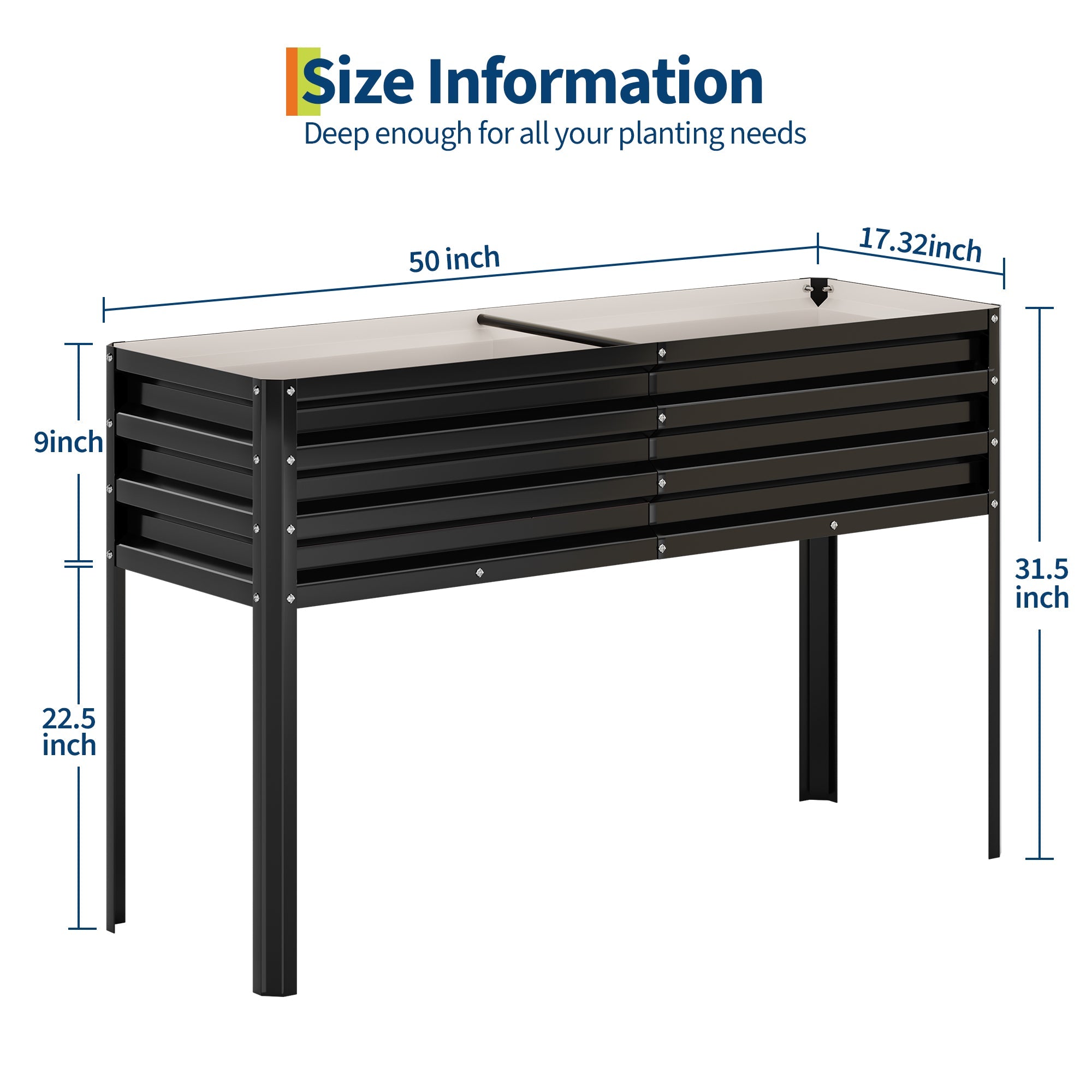 Black Garvee raised garden bed size diagram with 50 inch length 17.32 inch width and 31.5 inch height
