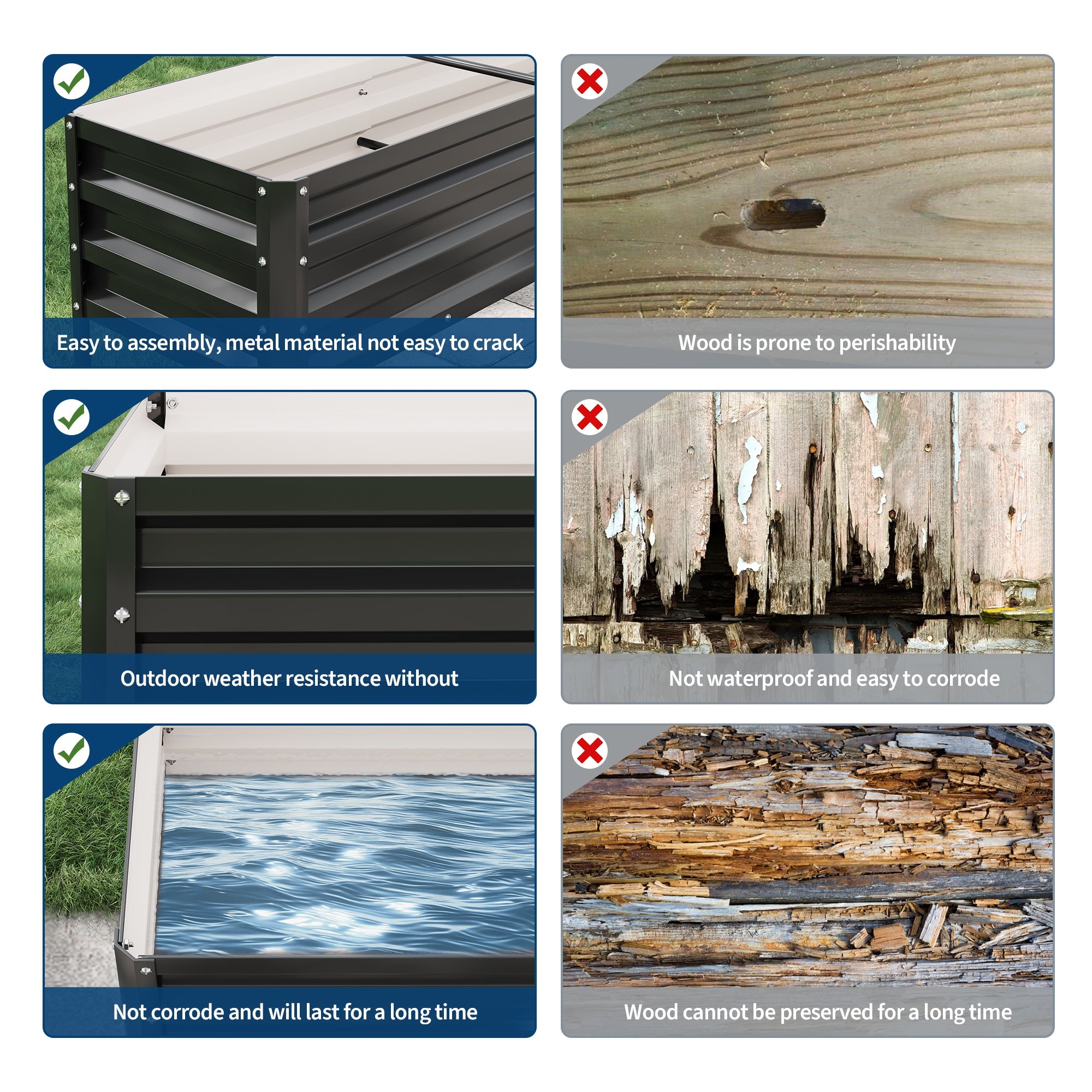 Black Garvee raised garden bed steel panel comparison with wood durability examples