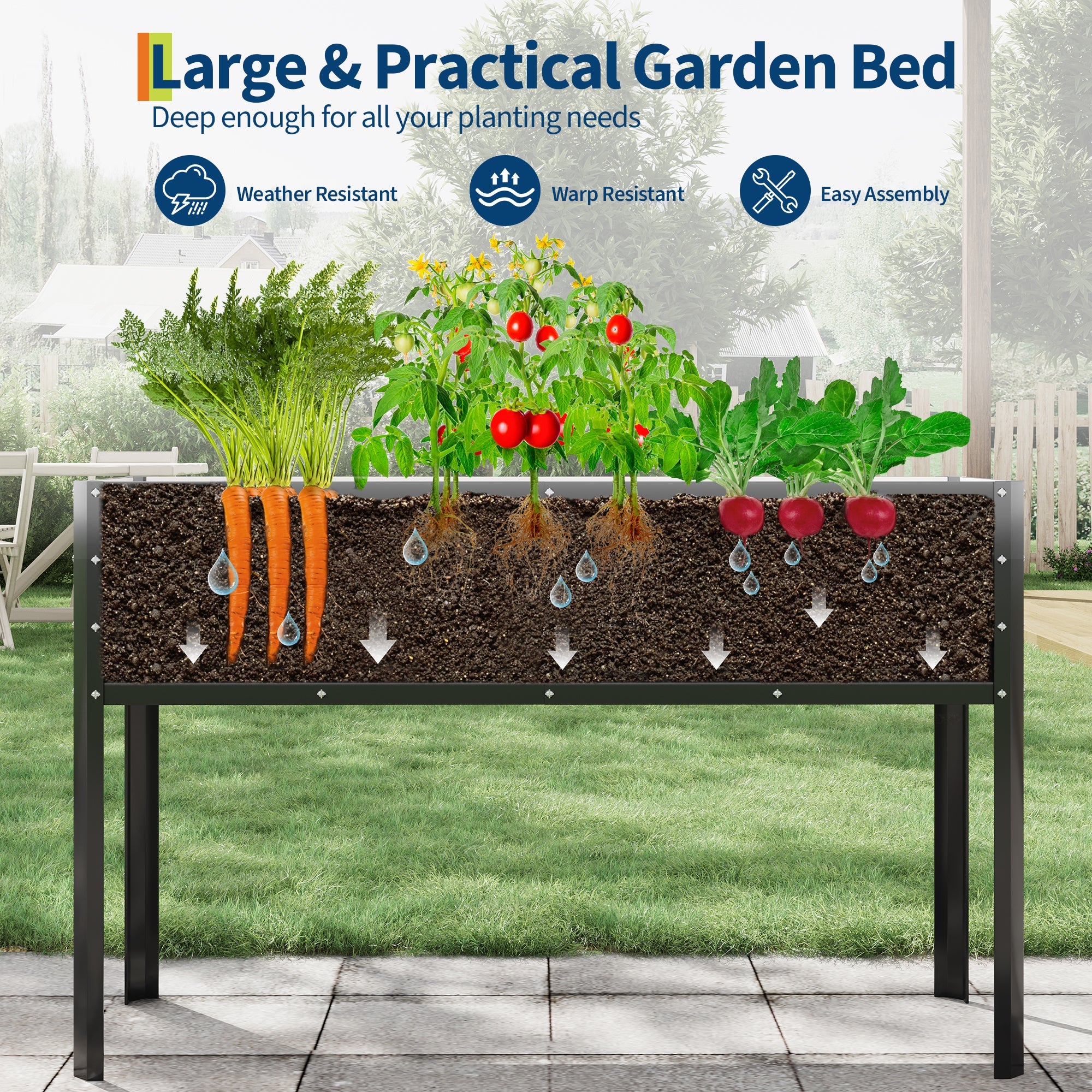 Black Garvee raised garden bed showing deep soil area for carrots tomatoes and radishes