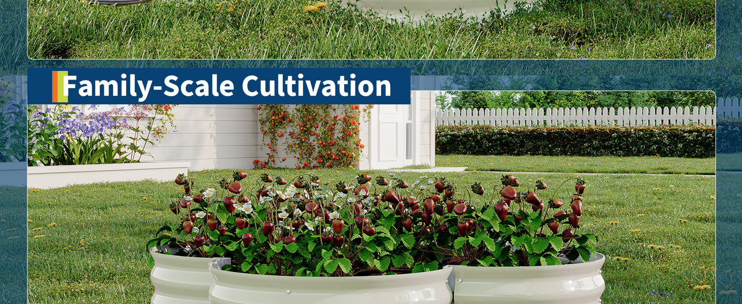 Family scale cultivation scene with off white raised garden beds in a backyard