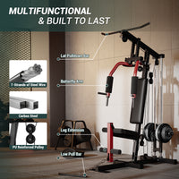 GARVEE Home Gym Machine, Multifunctional Full Body Workout Equipment with Pulley System,Leg Press Support for Strength Training, Workout Station Suit for 1“&2” Holes of Weight Plates (Not Includ), Red&Black