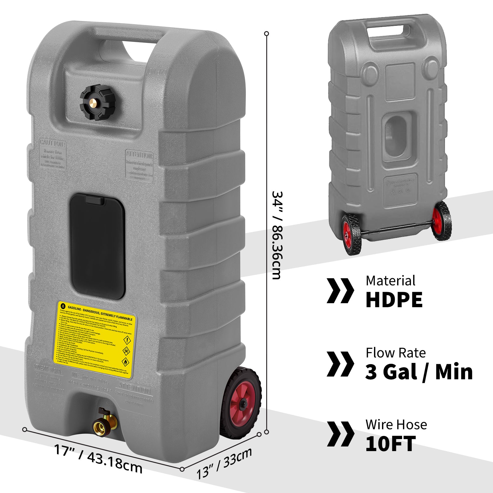 Garvee 15 Gallon Portable Fuel Caddy, 10-ft hose, siphon pump, 7.5 L/min manual nozzle, diesel/gasoline tank - Gray