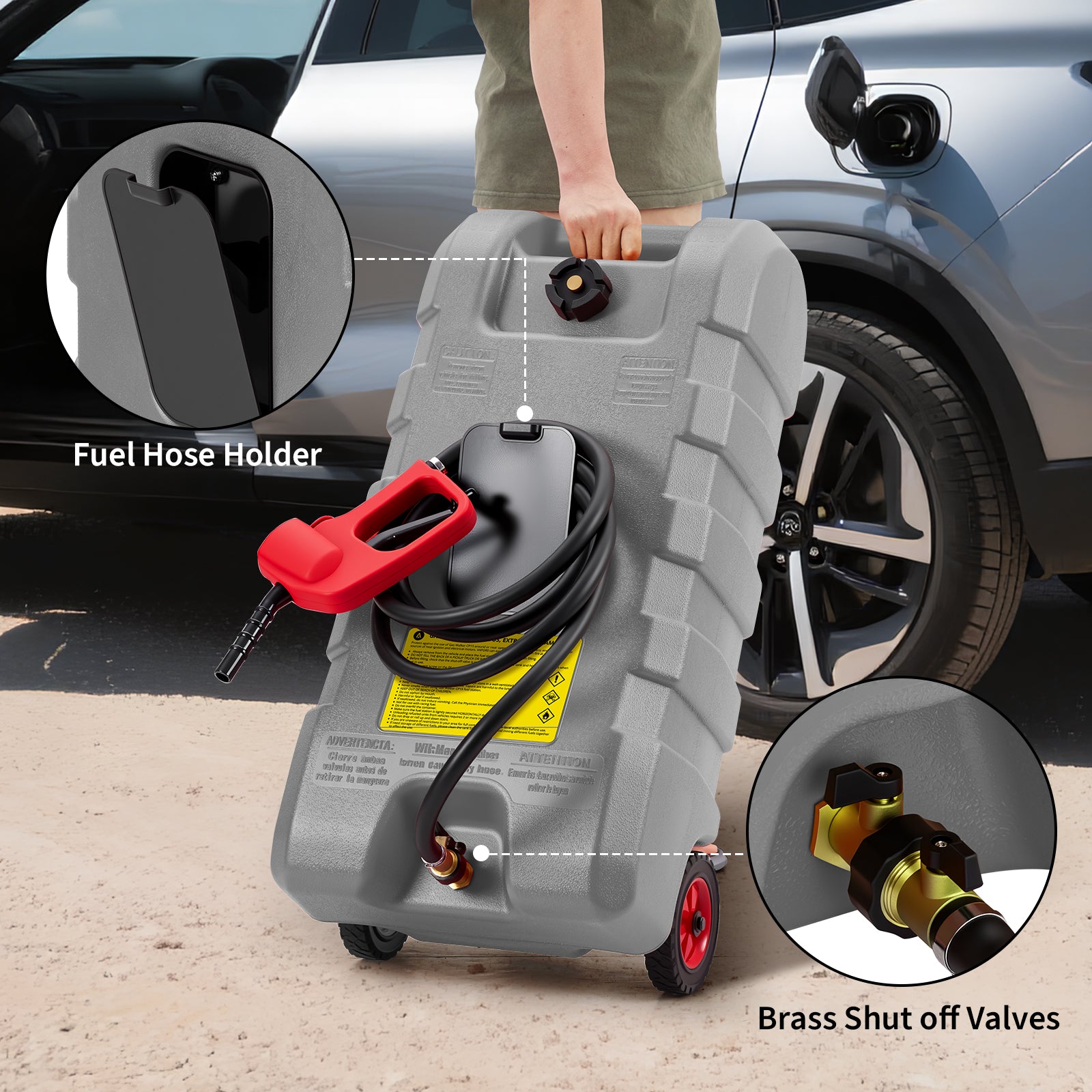 Garvee 15 Gallon Portable Fuel Caddy, 10-ft hose, siphon pump, 7.5 L/min manual nozzle, diesel/gasoline tank - Gray