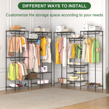 Garvee Heavy-Duty Portable Wardrobe Closet with 4 Hanging Rods, 8 Shelves, 8 Hooks, Adjustable Storage for Bedroom, 67.3" L x 17.7" W x 74.8" H, Black