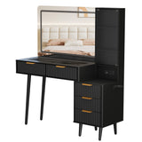 Garvee Modern Fluted Vanity Desk with 36" Lighted HD Mirror – Glass Top, 5 Drawers, 3-Tier Storage Shelves, Charging Station, Wooden Makeup Dressing Table for Bedroom, Dark Gray - White