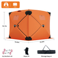 Garvee Ice Fishing Tent Pop-Up Hub-Style Insulated Shelter Large 3-4 Person Durable Lightweight Orange for Winter Fishing
