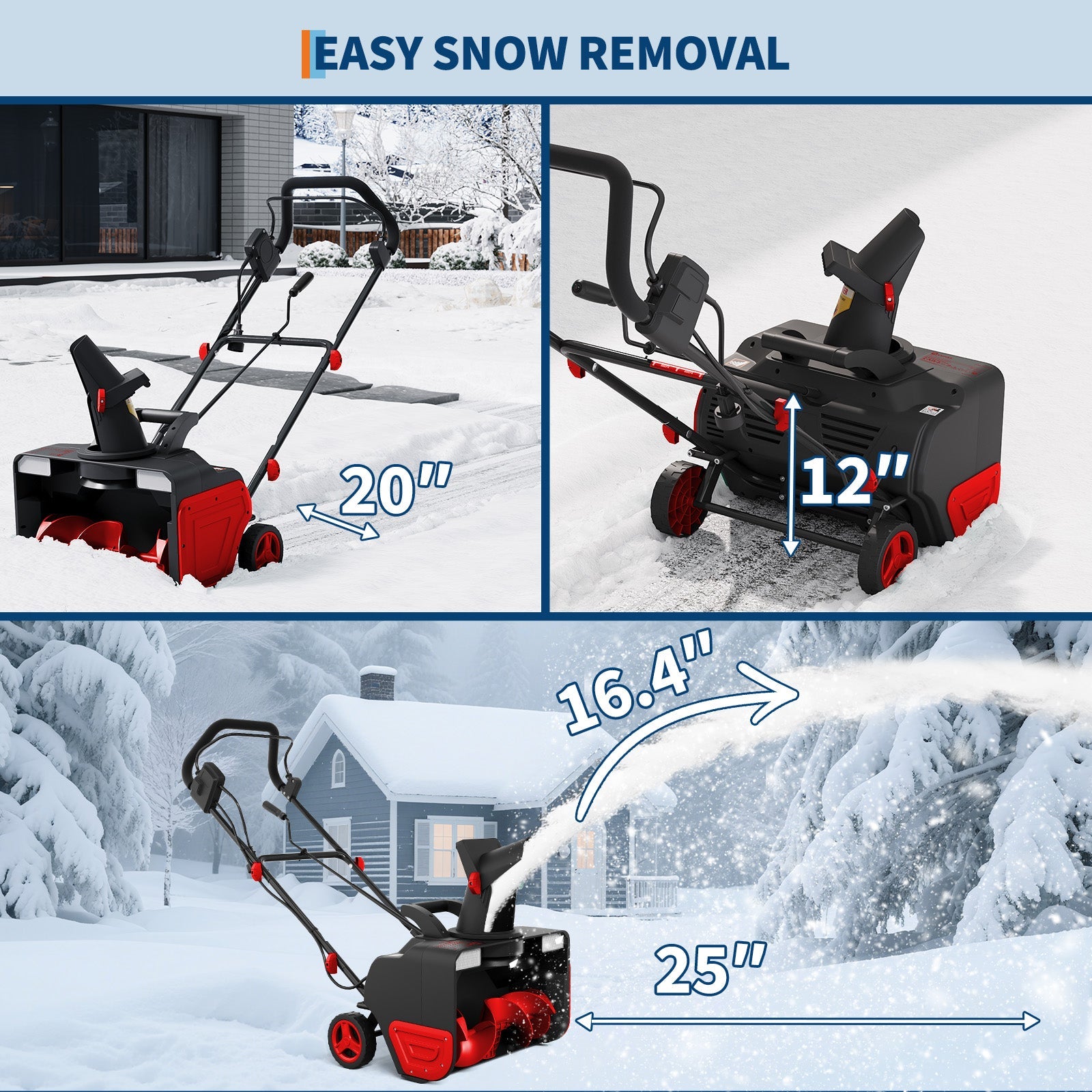 20-inch clearing width, up to 12-inch depth, and long throw snow removal