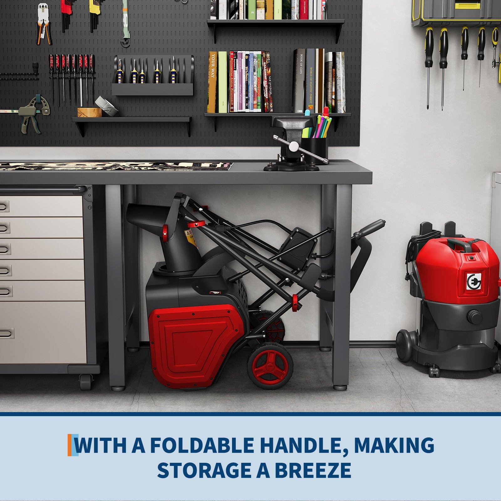 Foldable handle for compact snow blower storage