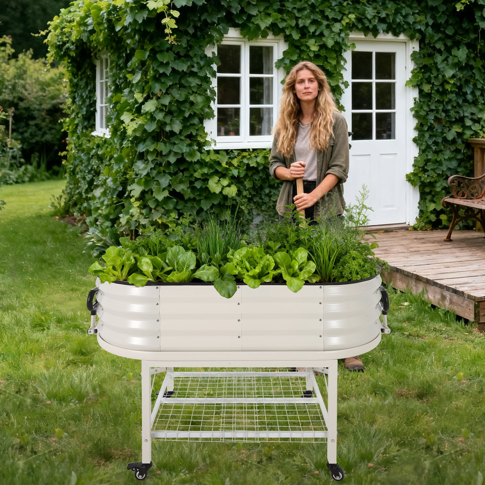 Beige elevated oval raised garden bed with lower wire shelf in an outdoor garden