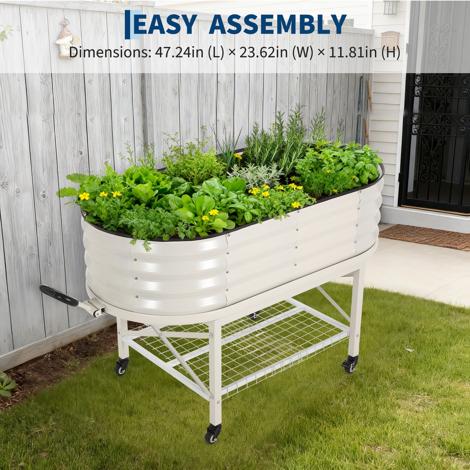 Beige raised garden bed assembly graphic with overall planter dimensions