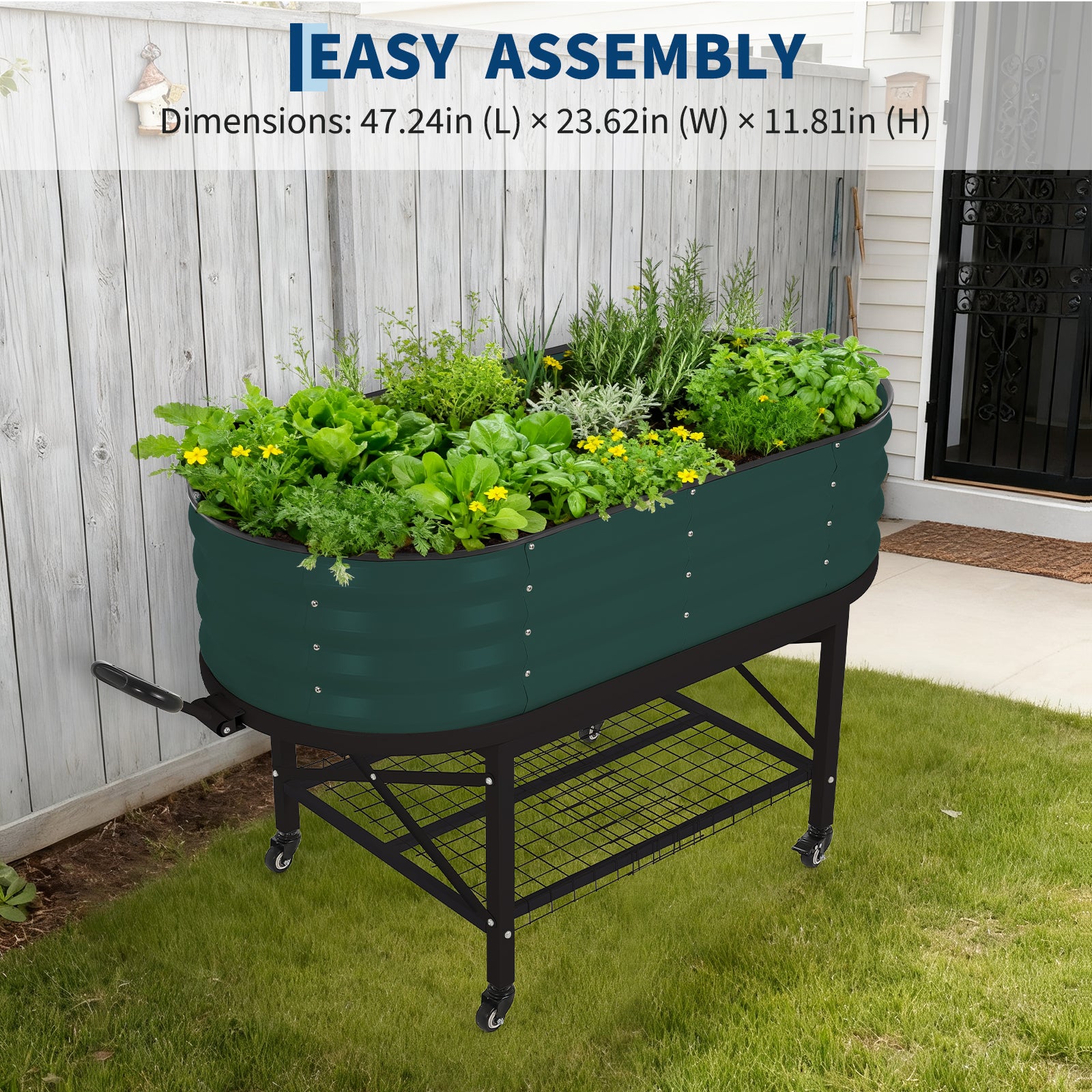 Dark green raised garden bed assembly graphic with overall planter dimensions