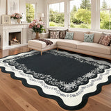 Garvee Scalloped Washable Rug 5x7 Floral Area Rugs for Living Room, Non Slip Low Pile Soft Throw Carpet, Stain Resistant Indoor Foldable Floor Mats for Dining Room, Kitchen, Black - Black-Style2