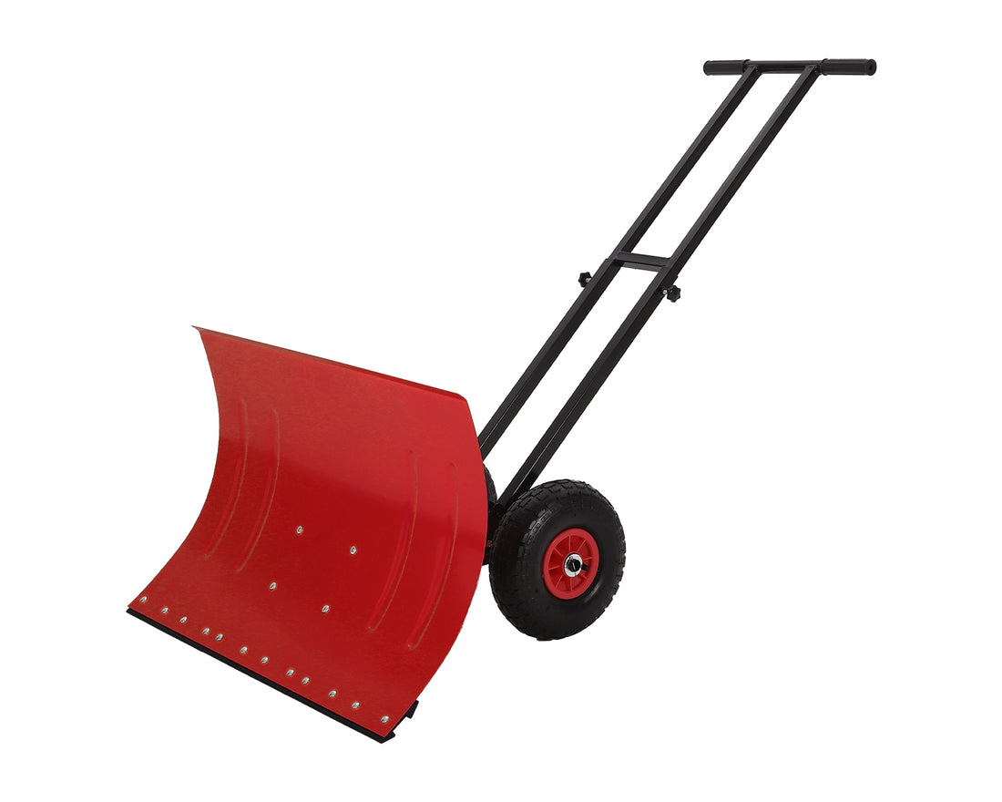 Garvee Heavy Duty 29" Snow Shovel Pusher with Wheels - Metal Plow, Adjustable Ergonomic Double Handle, Angled Polypropylene Blade, Large Off-Road Tires - Anti-Slip, Ideal for Driveway & Sidewalk - Red (Black Handle, XQ CA Wheels Red Inside)