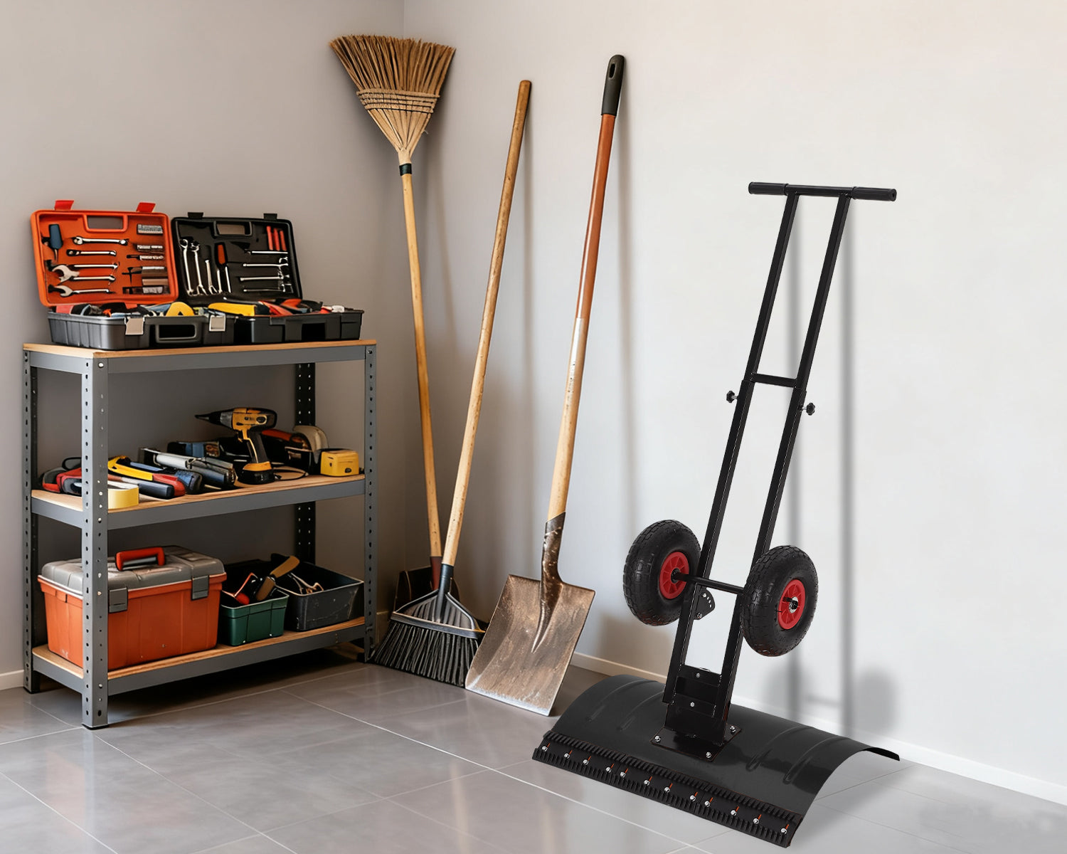 Garvee 29" Heavy Duty Metal Snow Shovel Pusher with Wheels - Adjustable Ergonomic Handle, Angled Steel Blade & Large Off-Road Rubber Wheels - Effortless Snow Removal for Driveway & Sidewalk - Black Red Wheel (XQ CA)