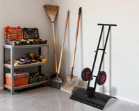 Garvee 29" Heavy Duty Metal Snow Shovel Pusher with Wheels - Adjustable Ergonomic Handle, Angled Steel Blade & Large Off-Road Rubber Wheels - Effortless Snow Removal for Driveway & Sidewalk - Black Red Wheel (XQ CA)